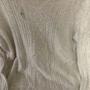 American Eagle distressed cream cableknit sweater